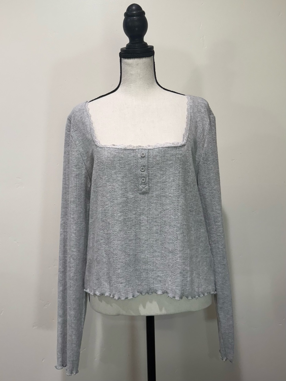 Light Gray Square Neck Knit Top with Lace Trim